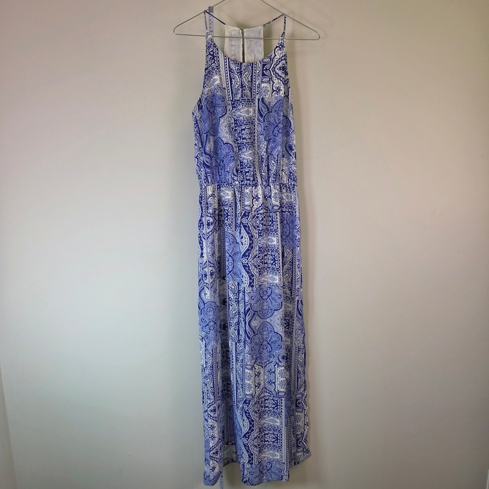 Norah Blue White Paisley Bandana Print Halter Maxi Dress Small Sleeveless